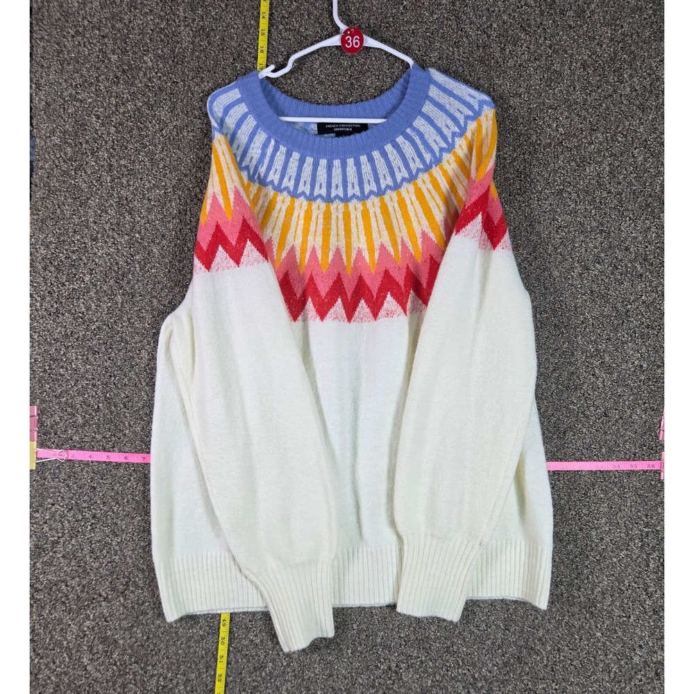 French Connection Pullover Sweater Womens XL White Fair Isle Knit Relaxed Fit